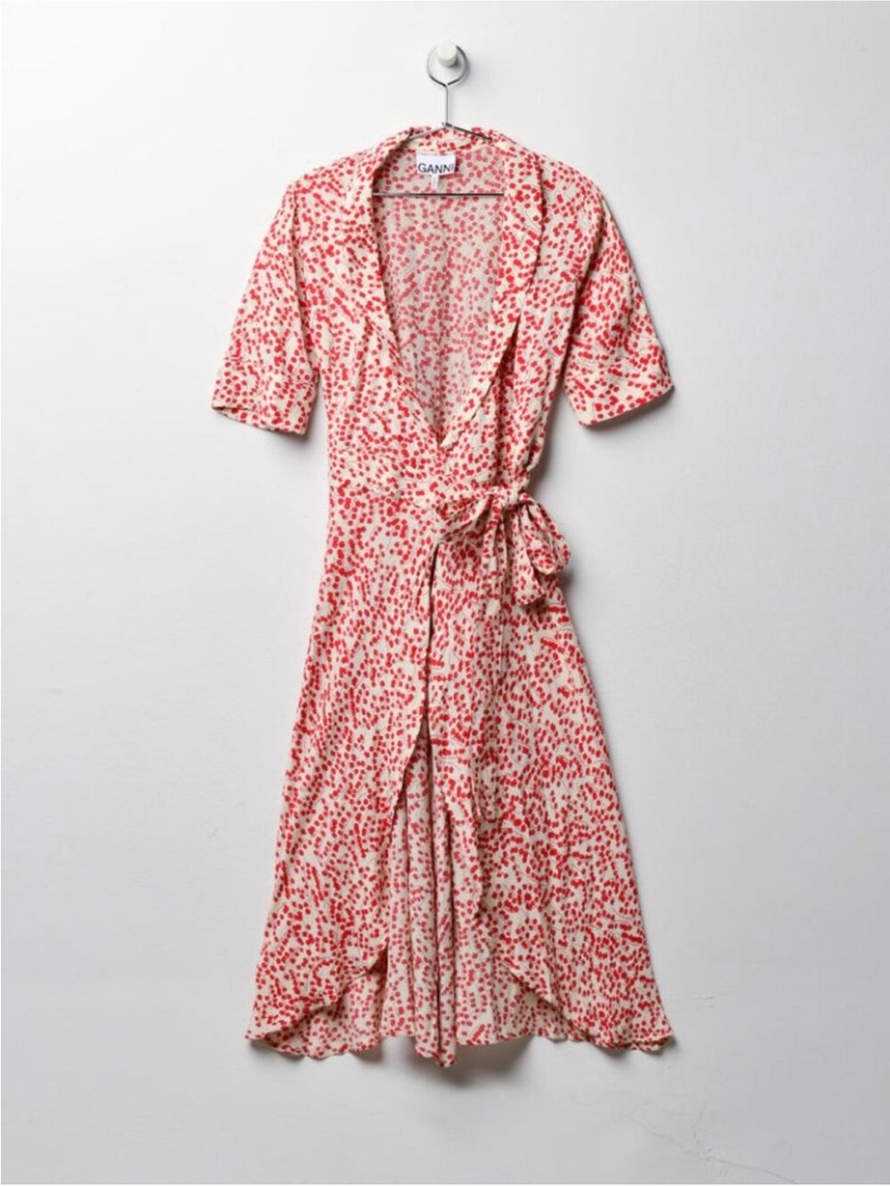 Ganni Cream Midi Wrap Dress with Red Floral Print - Picture 2 of 5